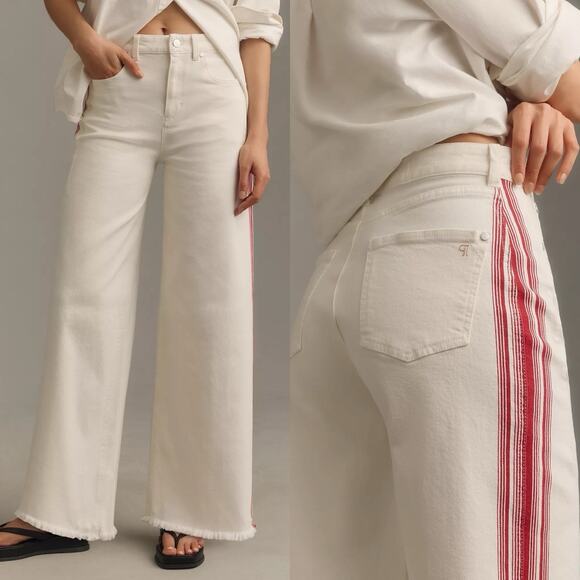 Anthropologie Pilcro Dishtowel Stripe Mid-Rise Wide-Leg Jeans Womens 32 Ivory - Picture 2 of 13